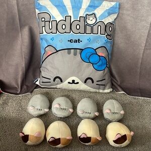 Pudding Cat Blue Zipper Pillow Pouch With 8 Mini Plush Kittens